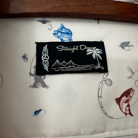 Straight Down Beige Fishing Salmon Lyre Print Short Sleeve Button Shirt XL - Picture 2 of 7